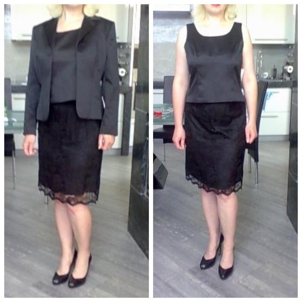 NWT Kasper 3 Piece Black Skirt Suit 10P Satin Lace Blazer Top